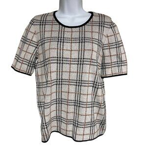 Ann Taylor Factory Womens Plaid Short Sleeve Knit Top Size M 100% Cotton